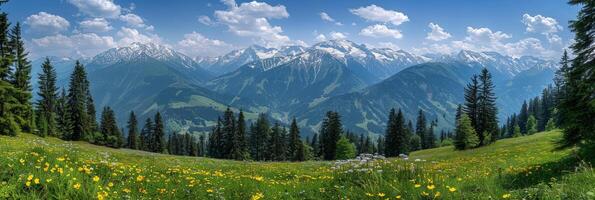 ai généré tranquille Montagne paysage luxuriant prés et fleurs sauvages dans rural la nature panorama photo