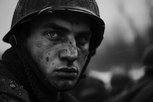 ai généré poignant temps de guerre portrait, sacrifice et bravoure dans une soldats émotif photographier de le seconde génial guerre, une puissant représentation de Humain péage et résistance au milieu de bats toi pour liberté photo