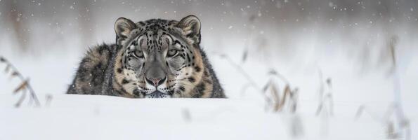 ai généré neige léopard habilement camouflé dans le neigeux paysage pour optimal dissimulation photo