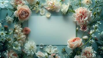 ai généré printemps sérénité élégant mariage fête salutation carte orné avec blanc fleurs sur une lumière photo