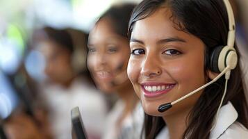 ai généré client soutien excellence, dévoué hispanique professionnel assurer supérieur un service avec une casque et portable dans le Bureau photo