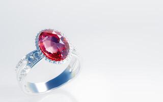 le gros diamant rouge ou rubis est entouré de nombreux diamants sur l'anneau en or platine posé sur fond gris. élégante bague de mariage en diamant pour femme. rendu 3d photo