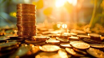 ai généré piles de pièces de monnaie baigné dans d'or lumière du soleil, suggérant richesse croissance, financier la stabilité, et investissement. photo
