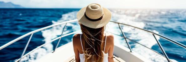 ai généré le retour vue de une femme regarder à le mer de une yacht, incorporant une sens de liberté et aventure. photo