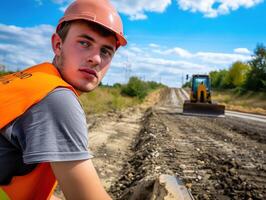 ai généré Jeune construction ouvrier travail sur route et Regardez retour photo