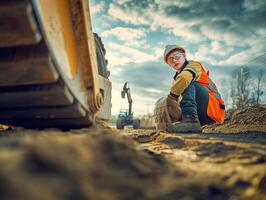 ai généré Jeune construction ouvrier travail sur route et Regardez retour photo