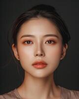 ai généré photo de un asiatique femelle modèle sur foncé Contexte