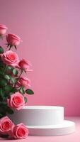 ai généré blanc podium avec rose des roses, minimalisme, Instagram, récit format photo