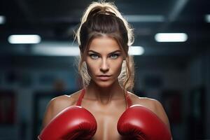 ai généré boxeur femme dans le boxe bague photo