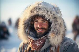 ai généré content homme dans une élégant fourrure capot. hiver élégance photo