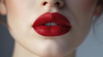 ai généré moyen carmin Couleur rouge à lèvres sur lèvres photo