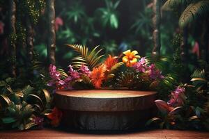 ai généré en bois podium ensemble dans un enchanté tropical forêt, entouré par une riches tapisserie de vibrant les plantes et fleurs, capturer le essence de la nature serein beauté photo