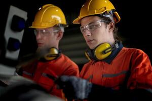 ingénieur homme vérification le statut de machine et utilisé clé à vis certains partie de équipement à cnc usine. ouvrier portant sécurité des lunettes et casque. entretien et réparer concept. photo