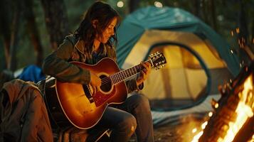 ai généré feu de camp sérénade, femme en jouant le acoustique guitare par une feu de camp dans de face de le camping tente, création une confortable et intime atmosphère, génératif ai photo
