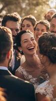 ai généré joyeux fête, le la mariée et jeune marié entouré par leur mariage invités, tout souriant et en riant ensemble dans fête, génératif ai photo