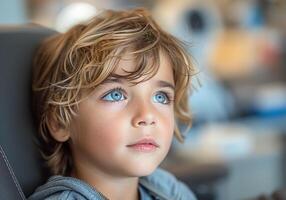 ai généré garçon avec magnifique bleu yeux. photo