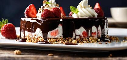 ai généré Chocolat gâteau avec fouetté crème et Frais des fruits sur une foncé Contexte. ai génératif photo