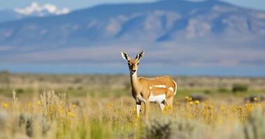 ai généré la nature contemplation - une femelle pronghorn au milieu de le sérénité de celui de l'Utah ouvert des champs photo