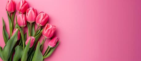 ai généré printemps tulipe fleurs sur rose arrière-plan, copie espace photo