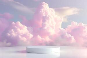 ai généré produit afficher blanc podium avec subtil rose nuage ciel Contexte photo