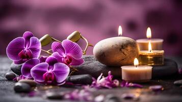ai généré spa des pierres, bougies et orchidée fleurs sur une en bois table photo