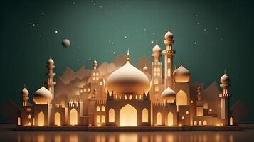 ai généré illustration de une mosquée avec lumières et étoiles photo