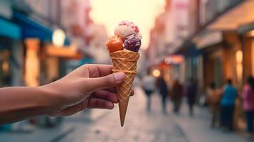 ai généré une la personne en portant un la glace crème cône avec différent les saveurs photo