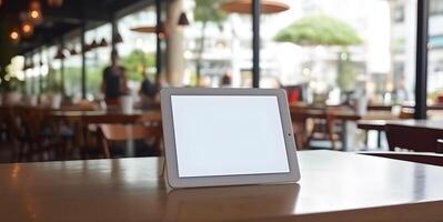 ai généré un iPad est séance sur une table dans de face de une restaurant photo