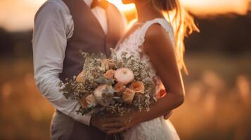 ai généré une magnifique la mariée et jeune marié sont en portant chaque autre dans le le coucher du soleil photo