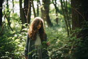 ai généré femme permanent dans le milieu de une forêt photo