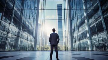 ai généré homme permanent dans de face de grand verre bâtiment photo