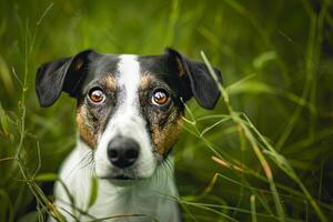 ai généré chien proche en haut dans champ de herbe photo