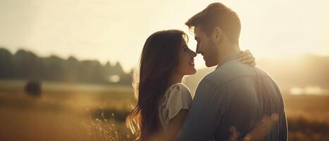 ai généré homme et femme permanent dans une le coucher du soleil champ photo