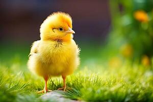 ai généré une petit Jaune poulet est assis sur Haut de une luxuriant vert herbe couvert champ, entouré par le Naturel paysage photo