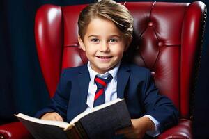 ai généré Jeune garçon séance sur rouge chaise en train de lire livre. photo