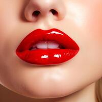 ai généré fermer de lèvres peint avec rouge rouge à lèvres photo