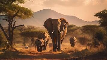 ai généré une troupeau de éléphants en marchant à travers une saleté route photo
