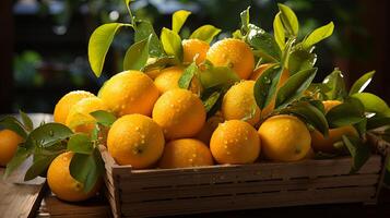 ai généré en bois Caisse débordé avec Frais des oranges photo