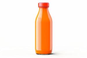 ai généré bouteille de Orange jus sur blanc Contexte photo