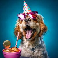 ai généré chien portant fête chapeau et des lunettes de soleil photo