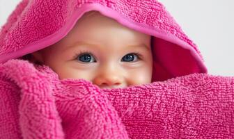 ai généré portrait de une mignonne bambin fille après baignade enveloppé dans une brillant rose serviette photo