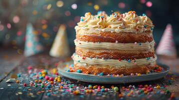 ai généré anniversaire gâteau avec arrose et confettis photo