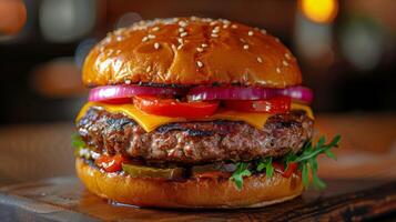 ai généré délicieux Hamburger avec Viande, fromage, tomates, oignons, et salade photo