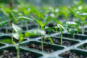 ai généré cultivation rangée de Chili germer croissance dans sol plateau photo