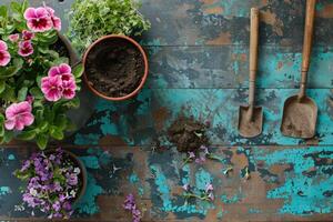 ai généré printemps fleurs dans des pots avec pelle et sol sur jardin tableau. concept de jardinage et plantation les plantes photo