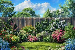 ai généré coloré jardin avec fleurs et en bois clôture photo
