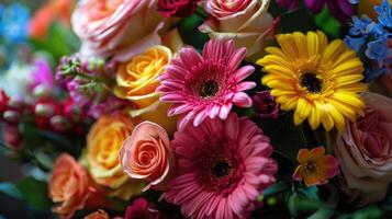 ai généré vibrant bouquet de assorti coloré fleurs photo