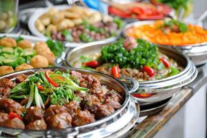 ai généré restauration buffet nourriture sur une longue table dans une Hôtel restaurant photo