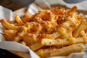 ai généré croustillant d'or français frites surmonté avec gluant fromage et saupoudré avec épicé paprika. photo