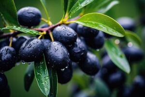 ai généré mûr noir Olives sur le arbre avec vert feuilles et l'eau gouttes, proche en haut voir. photo